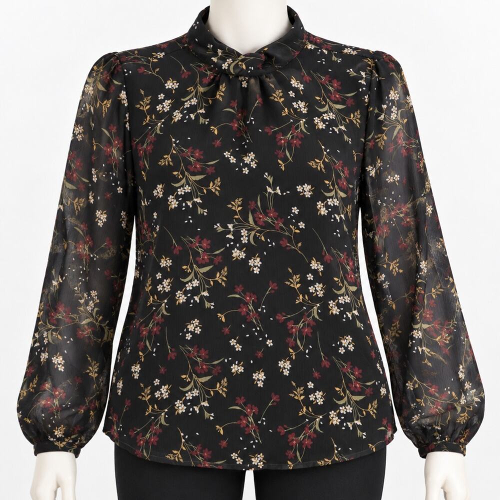 BB Dakota Feminine Black Floral Blouse Puff Sleeves-S